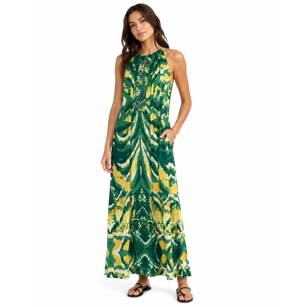 INC International Concepts Maxi Dress Womens 2X Green Ikat‎ Sequin Boho Tropical
